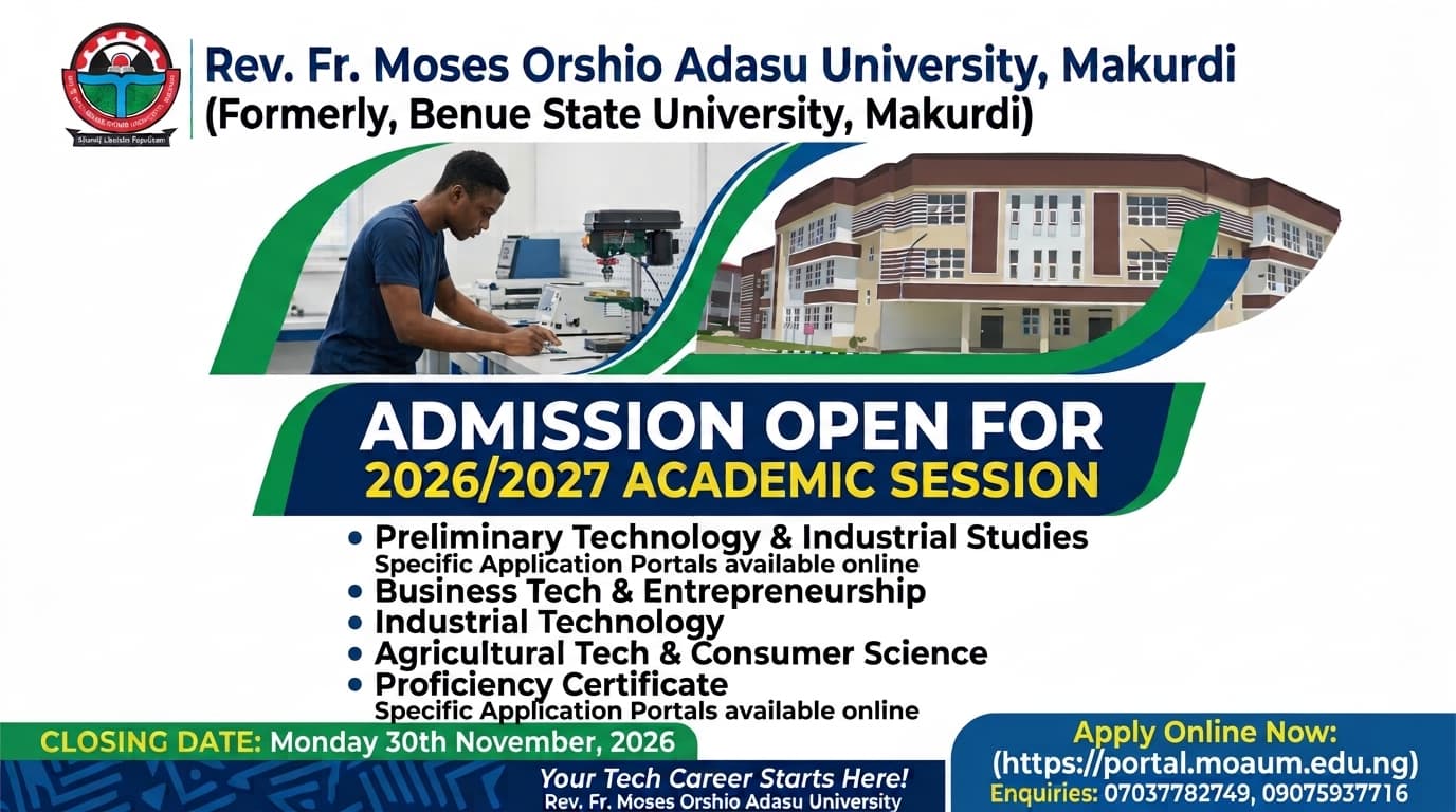 Admissions banner: Admission open for the 2026/2027 academic session, Preliminary Technology & Industrial Studies and Proficiency Certificate. Closing date: Monday 30th November, 2026.